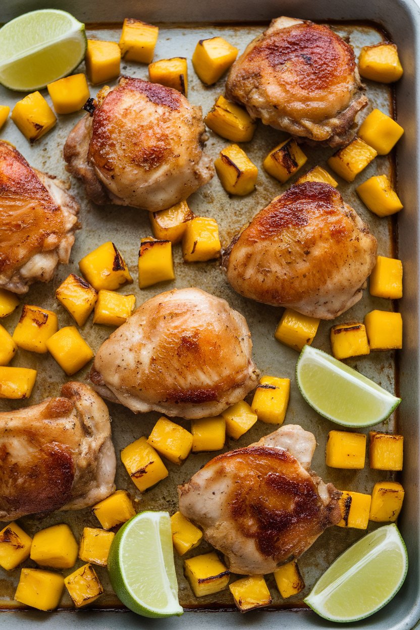 Indoor photo showing coconut-milk glazed chicken thighs, roasted mango cubes caramelized slightly on the same sheet pan, lime wedges visible. No text or logos.