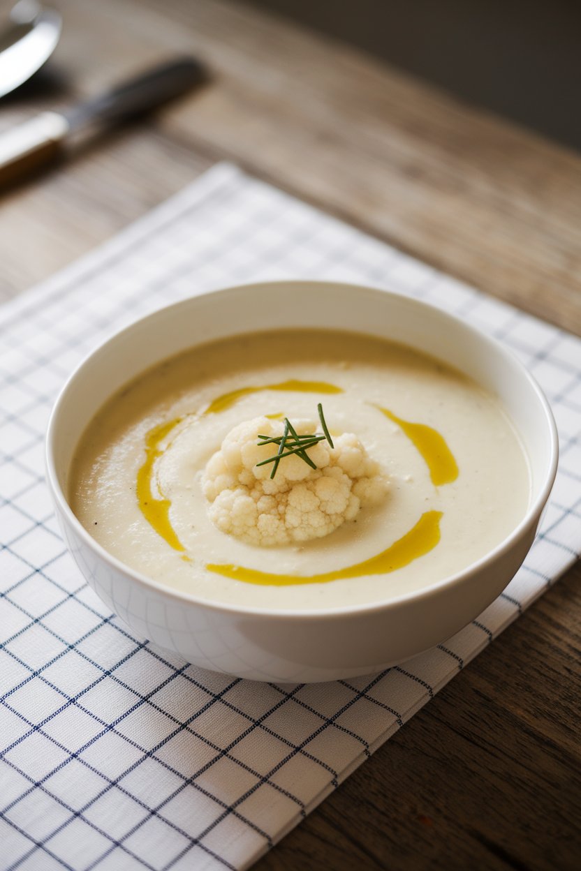 A white bowl on an indoor table holding silky cauliflower soup, a swirl of olive oil and chives on top. No logos or text. Photo.