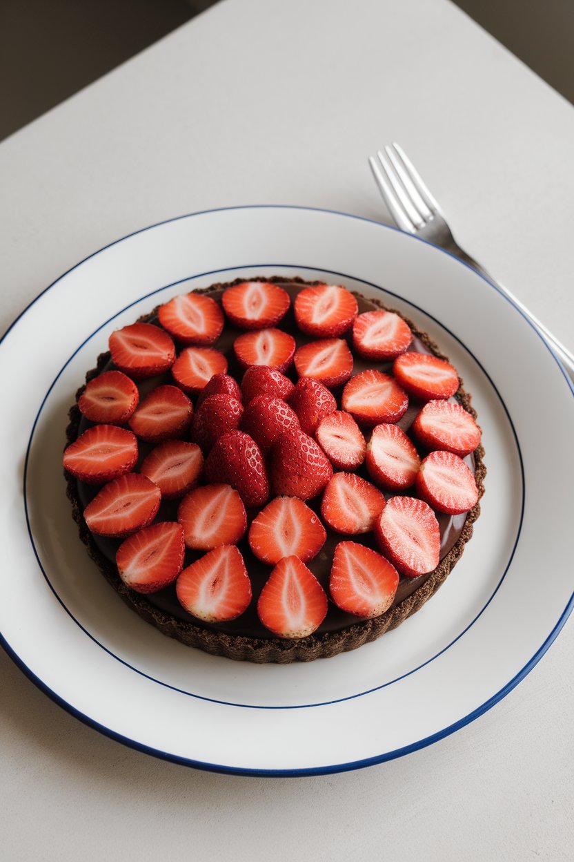 An indoor dessert plate featuring a chocolate ganache tart topped with concentric circles of sliced strawberries. Photo, no text or logos.