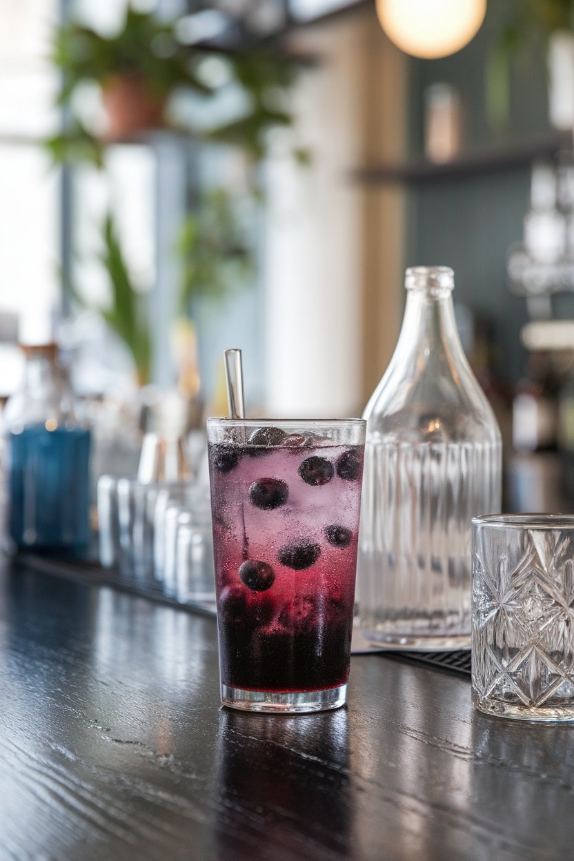 Indoor bar counter with a clear glass of fizzy blueberry soda, deep purple hue, blueberries floating, no logos.