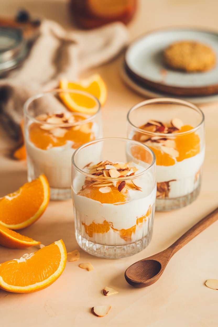 Indoor photo of clear glasses layered with low-fat Greek yogurt, orange segments, and sliced almonds on a brunch table. No text or logos.