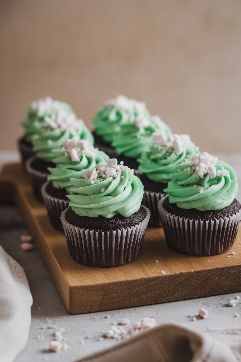 Photo of chocolate cupcakes with green-tinted mint frosting and crushed candy topping, indoor, no text or logos