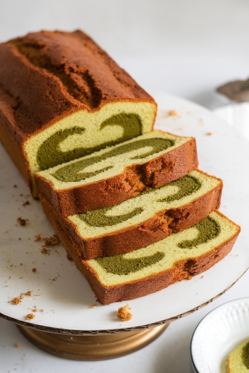An indoor cake stand holding a sliced marble loaf, vivid green matcha swirls visible within vanilla crumb, crumbs scattered on the stand, no text or logos. Photo only.