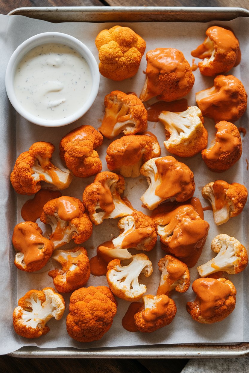 Indoor photo of baked buffalo cauliflower florets on a tray with a side of ranch dressing. No text or logos.