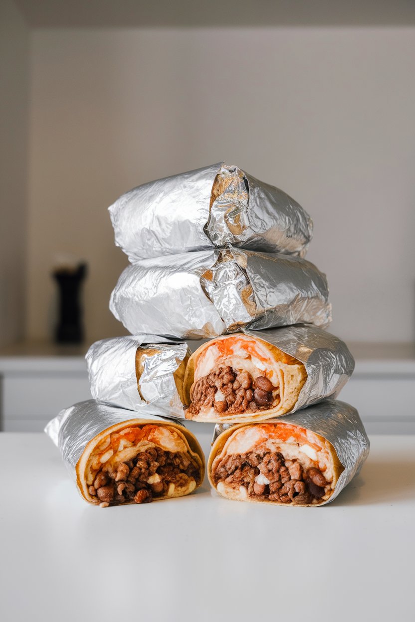 Indoor countertop with a stack of foil-wrapped burritos, one cut open showing beef, beans, and cheese. No text or logos.