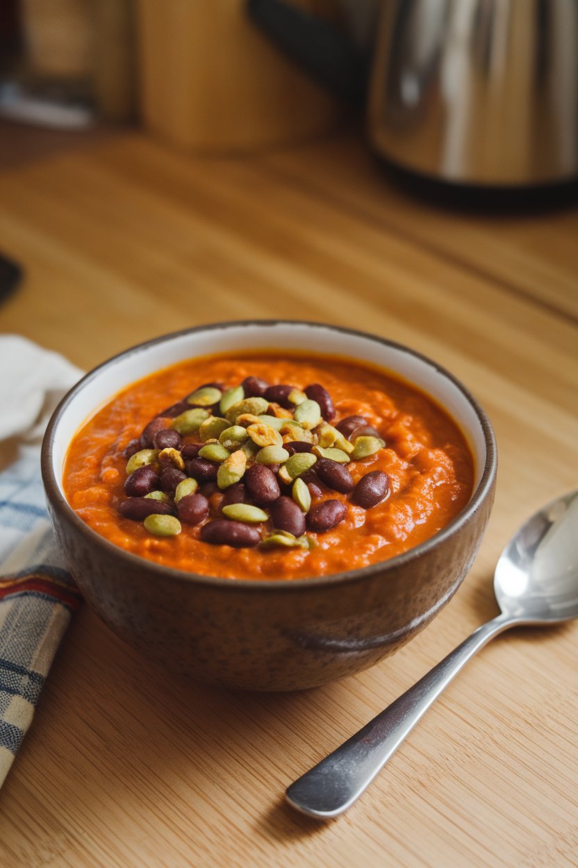 An indoor countertop showing a bowl of chipotle pumpkin chili with black beans, topped with toasted pepitas. No text or logos present.