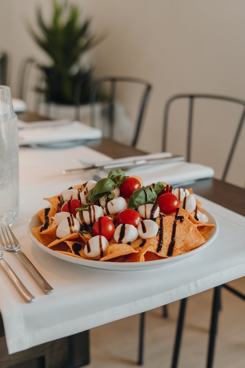 Indoor dining table with nachos topped with cherry tomatoes, mozzarella pearls, basil ribbons, balsamic drizzle; no text or logos, photo not illustration.