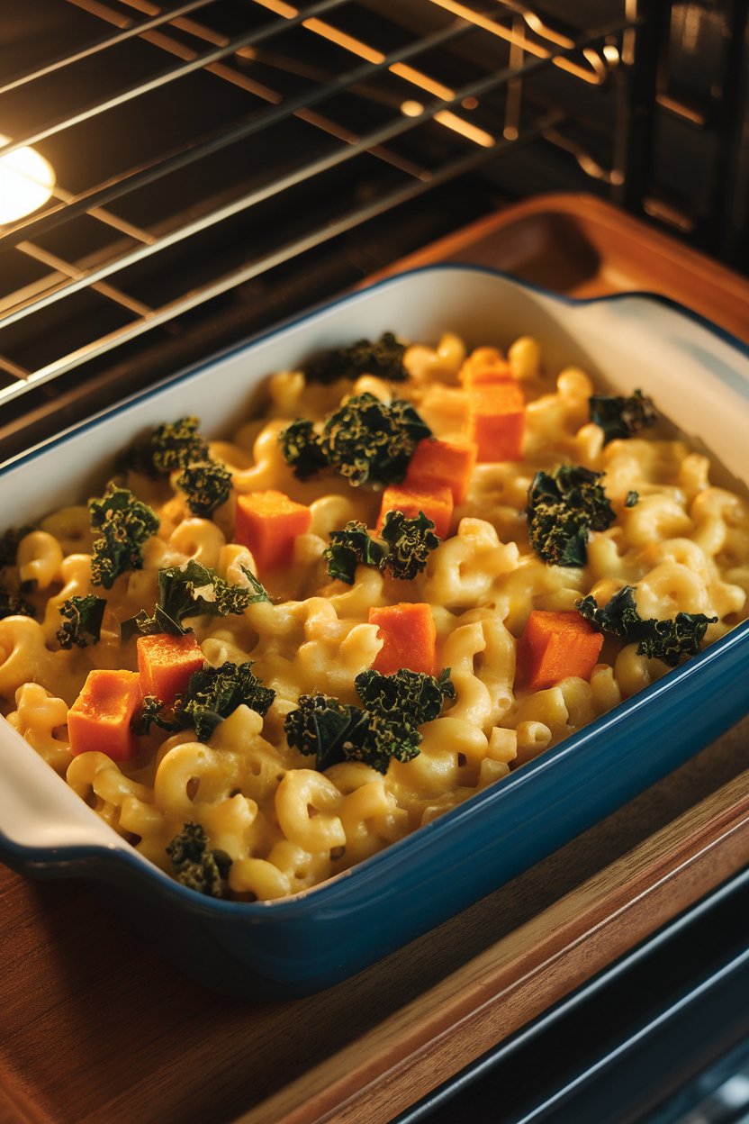 Photo of a casserole dish of creamy macaroni and cheese with visible butternut cubes and kale ribbons, warm indoor oven-side lighting. No text or logos.