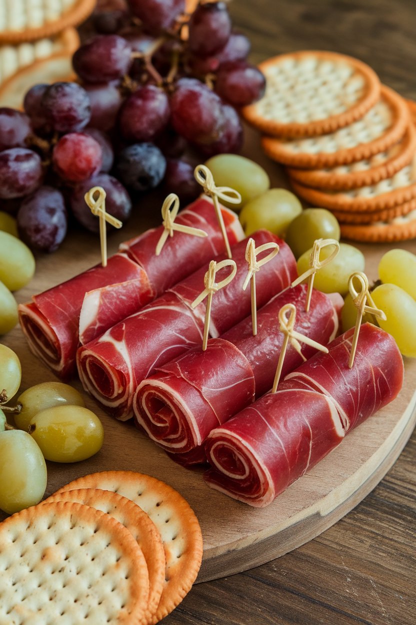 An indoor cheese board displaying rolled slices of capicola wrapped around provolone sticks, toothpicks securing them; no text or logos.