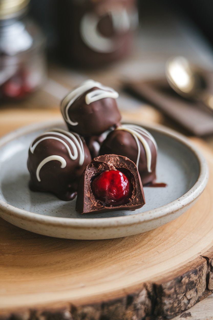 Dark chocolate bonbons with one bitten to reveal a whole cherry in syrup, staged on an indoor ceramic plate. No logos in frame.