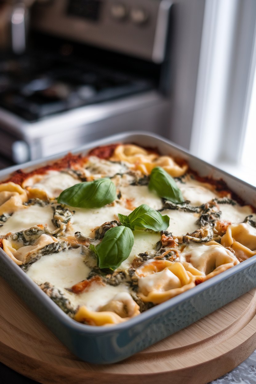 Indoor photo of cheese tortellini, creamy spinach-artichoke sauce, and melted mozzarella in a baking dish. No text or logos.