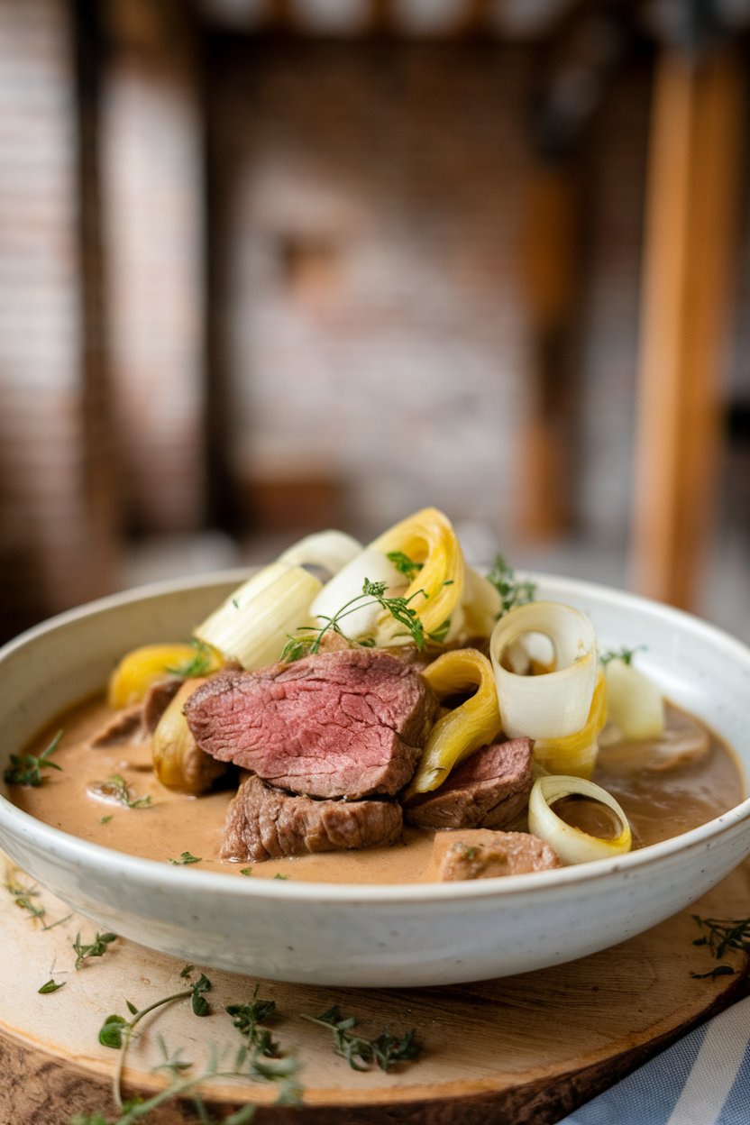Indoor bowl of beef with ribbons of caramelized leeks in light brown gravy. No text or logos.
