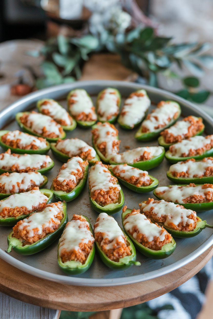 Indoor tray of jalapeño halves stuffed with cornbread-sausage mixture, cheese melted on top. No text or logos.