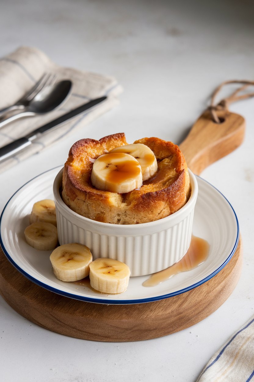 Indoor photo of a ramekin of bread pudding topped with caramelized bananas and rum sauce, steam rising lightly. No text or logos.