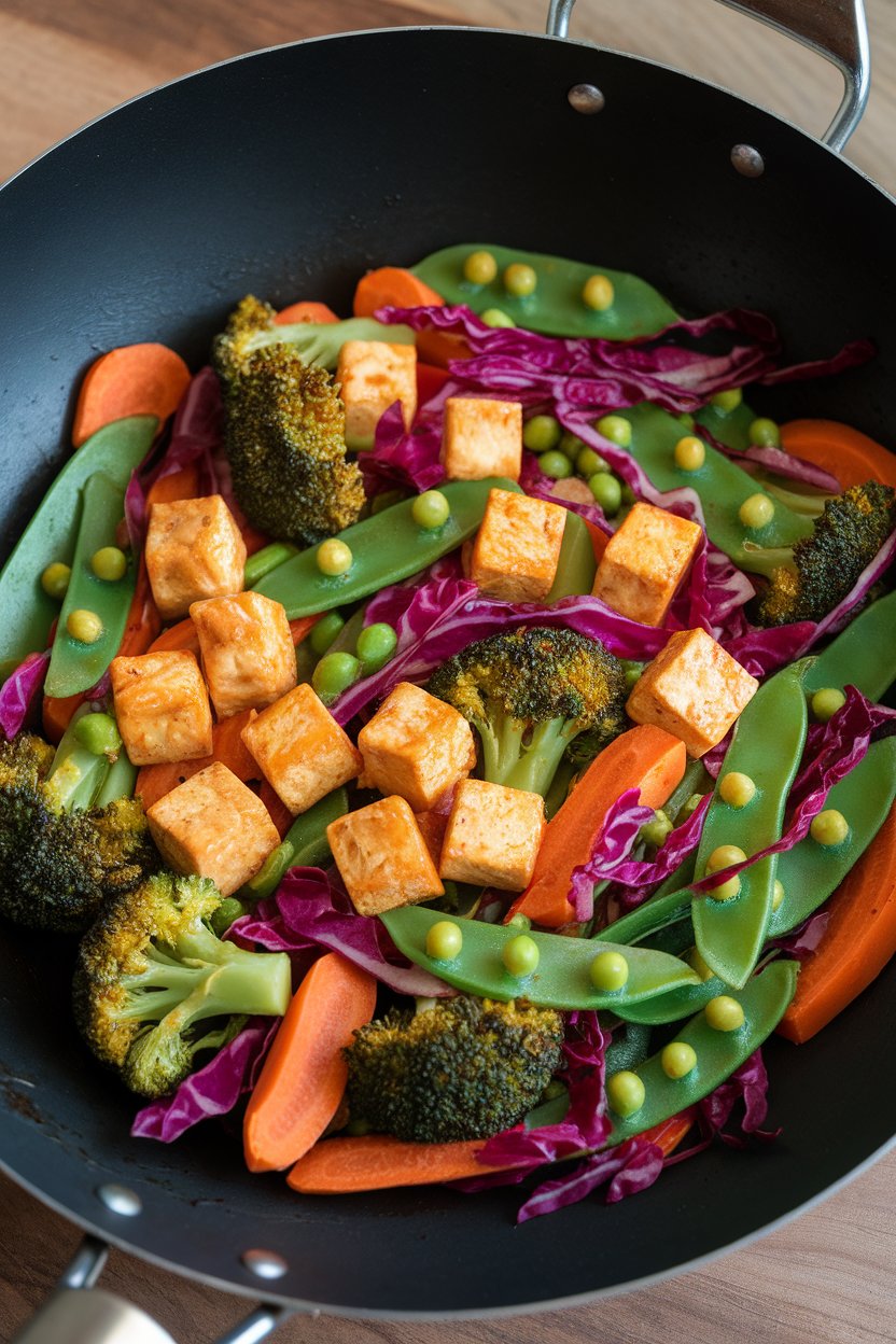 Indoor photo of a wok filled with colorful stir-fried broccoli, carrots, snap peas, red cabbage, and golden tofu cubes, lightly glossed with sauce. No text or logos.
