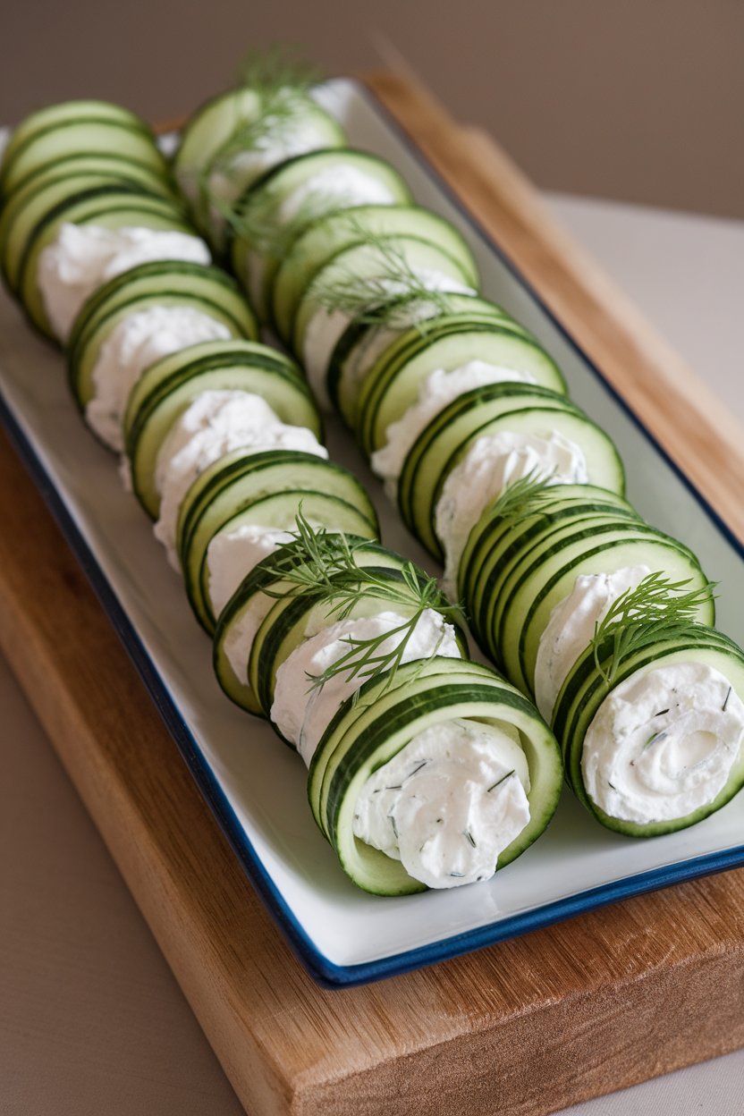 Photo of thin cucumber ribbons rolled around whipped cream cheese flecked with dill, arranged neatly on a rectangular plate indoors. No text or logos.