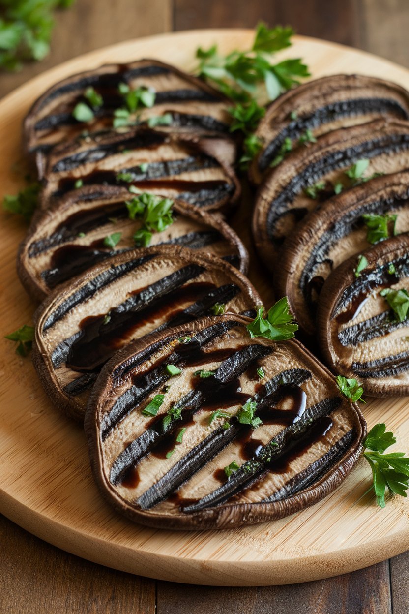 Indoor photo of sliced grilled Portobello caps on a serving board, brushed with balsamic glaze and sprinkled with fresh parsley. No text or logos.