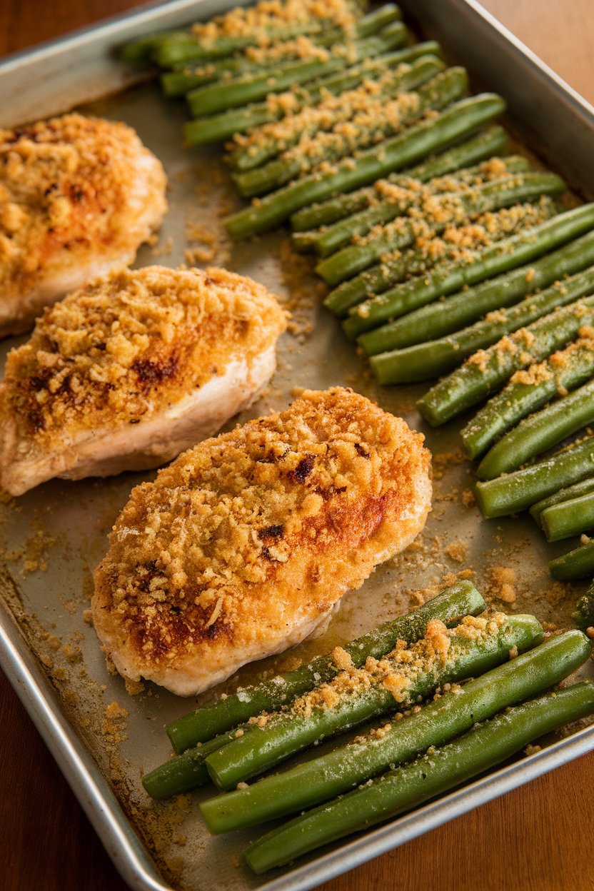 Indoor photo featuring a sheet pan with parmesan-crusted chicken breasts, garlic-peppered green beans arranged in neat rows, light golden crumbs visible. Warm lighting, no text or logos.