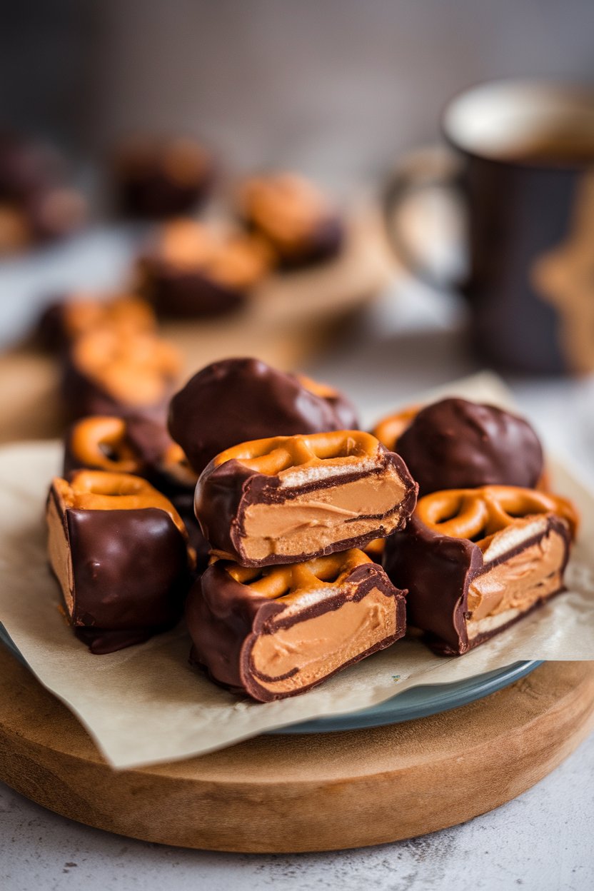 Indoor photo of sandwich pretzel bites filled with peanut butter and half-dipped in chocolate, placed on parchment paper. No logos or text anywhere.