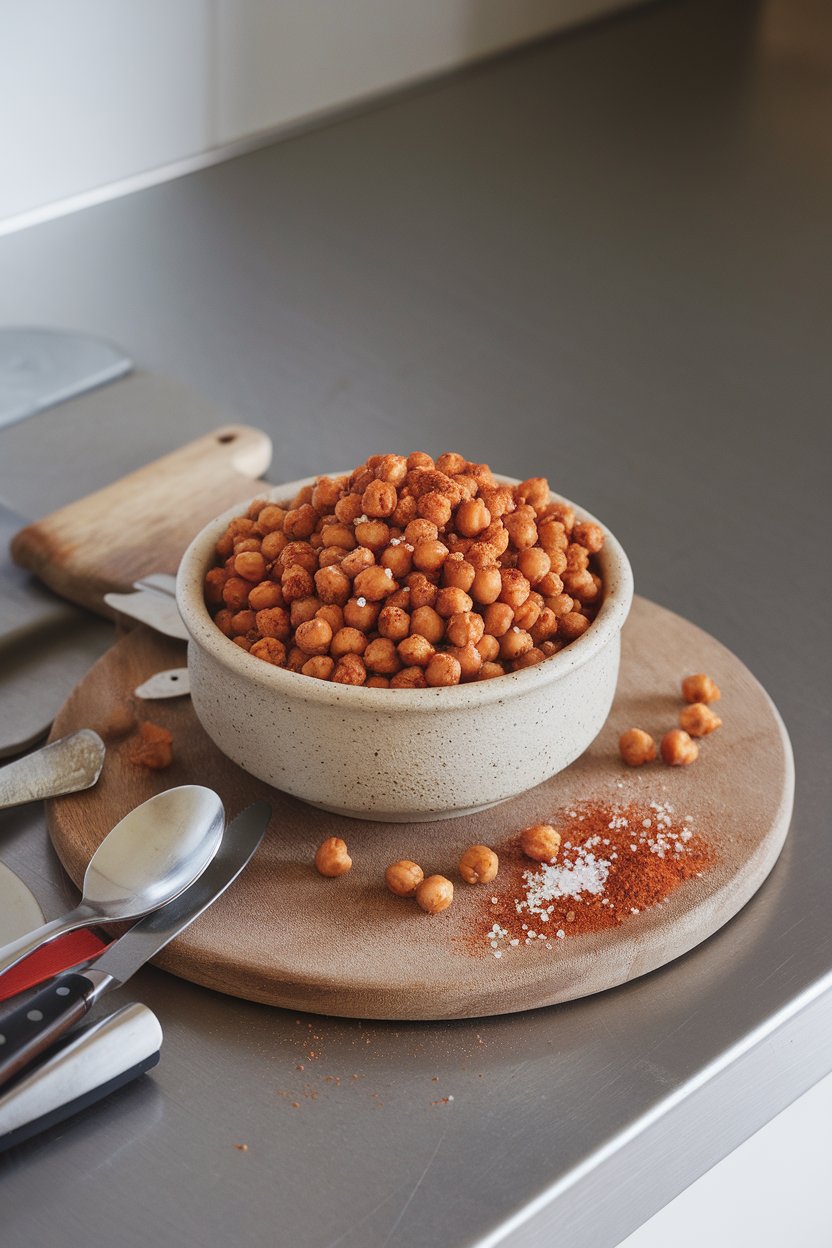 Indoor countertop displaying a ceramic bowl heaped with crunchy roasted chickpeas seasoned with paprika and sea salt. No text or logos.