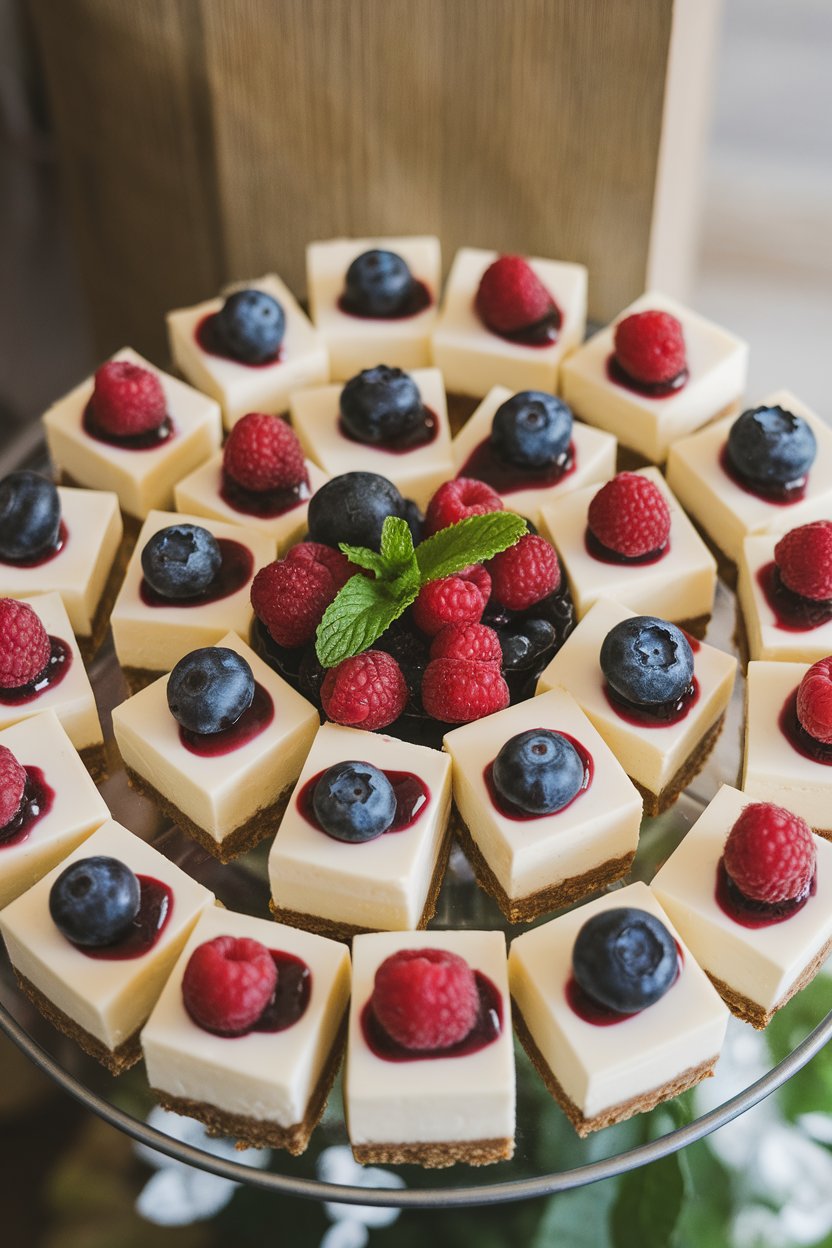 An indoor platter of small cheesecake squares with graham cracker crust and a dab of berry sauce on top—no text or logos. Photo, not illustration.