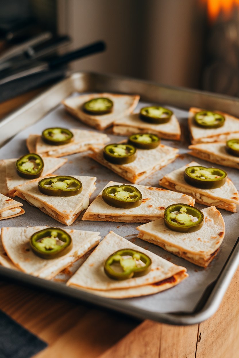 Sheet pan of jalapeño-popper quesadilla pieces with cream-cheese filling and roasted jalapeño slices peeking out, indoor photo, no branding.