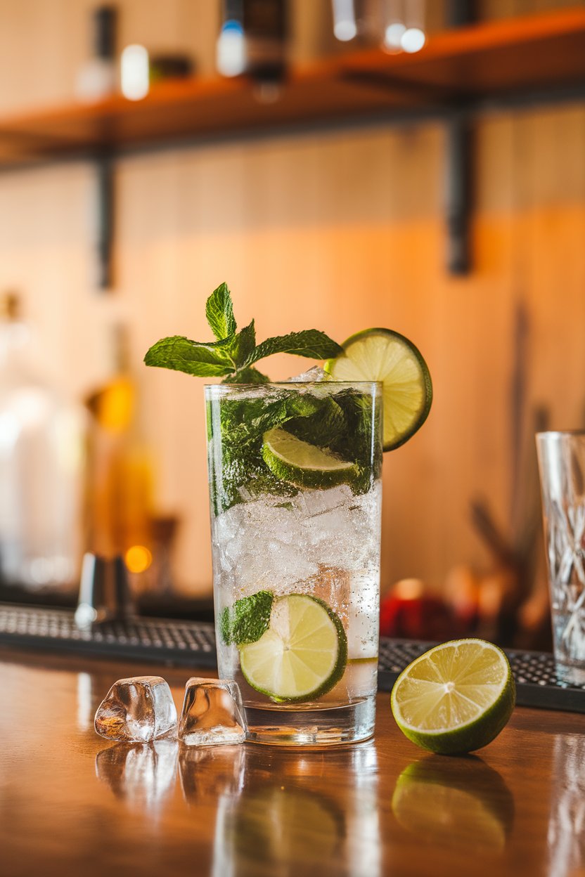 Indoor bar top with a highball glass packed with muddled mint leaves, lime wedges, crushed ice, and sparkling water, garnished with a mint sprig and lime wheel. No text or logos anywhere in the scene. Photo, not illustration.