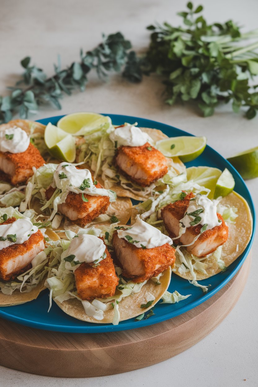 Photo of cooked battered fish pieces in corn tortillas with cabbage slaw and lime crema on an indoor platter, no text or logos