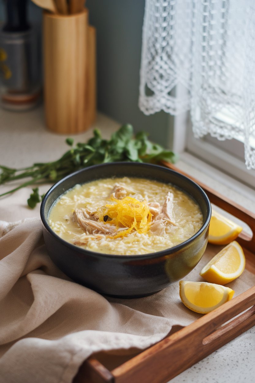 A cozy indoor countertop scene featuring a deep bowl of finished avgolemono-style chicken soup, pale yellow with rice and shredded chicken, topped with lemon zest; no text or logos; photo, not illustration.