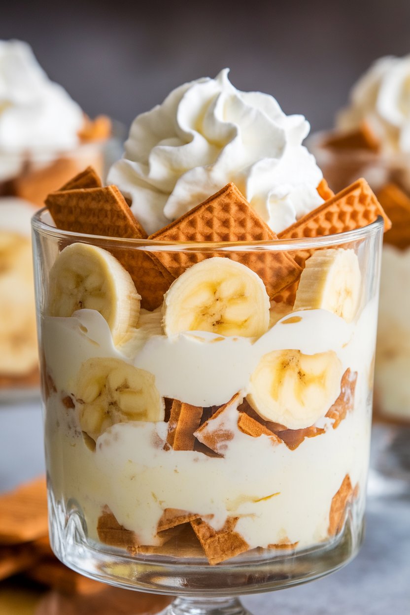 Clear indoor glasses layered with vanilla wafers, banana slices, and fluffy pudding, topped with whipped cream. No text or logos; photo, not illustration.