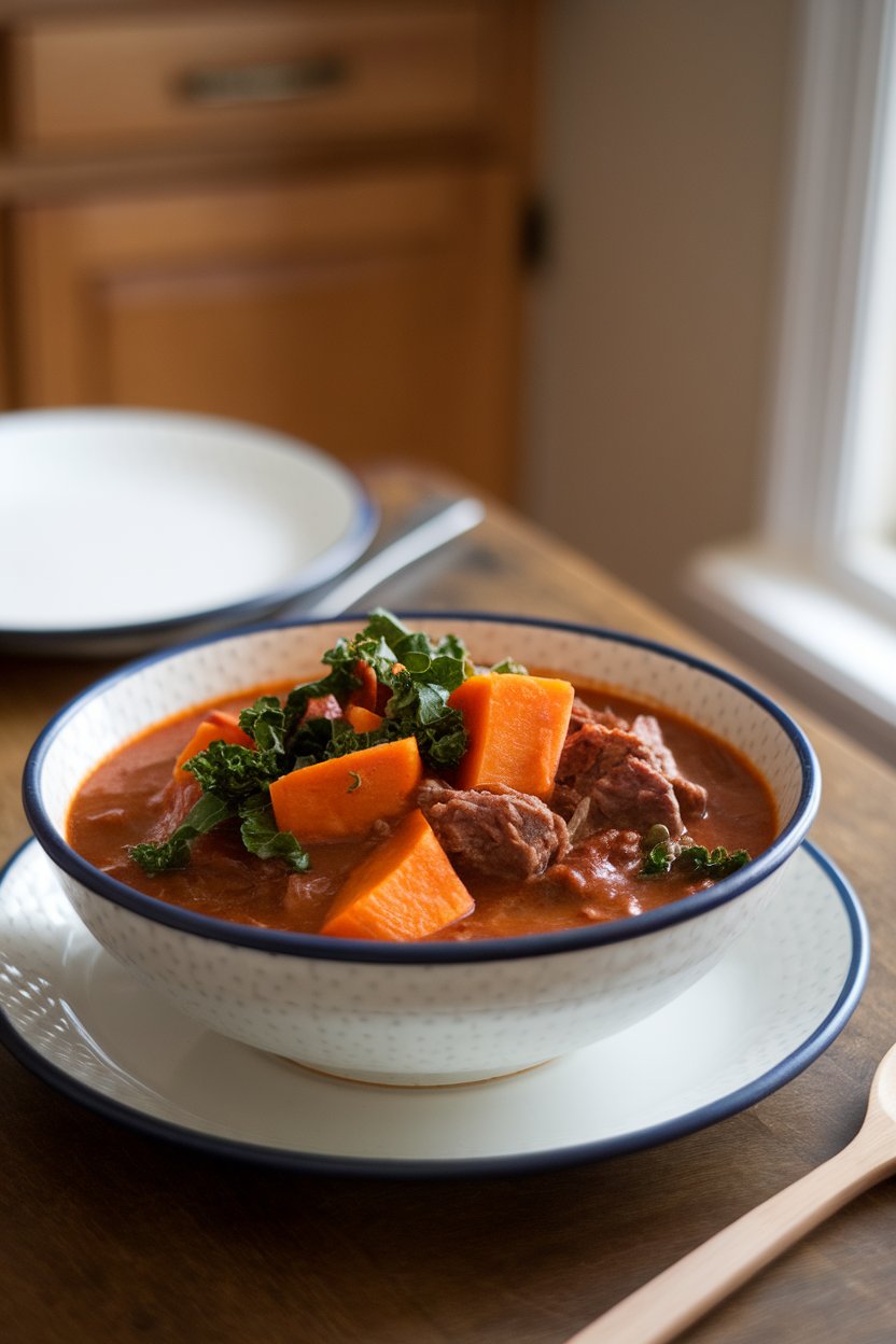 Indoor kitchen table showcasing a bowl of beef stew with chunks of orange sweet potato and ribbons of green kale. No text or logos. Photo.