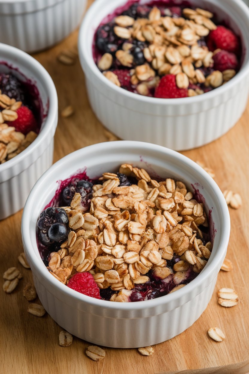 Indoor photo of individual ramekins filled with baked mixed berry crumble under a golden oat topping. No text or logos.