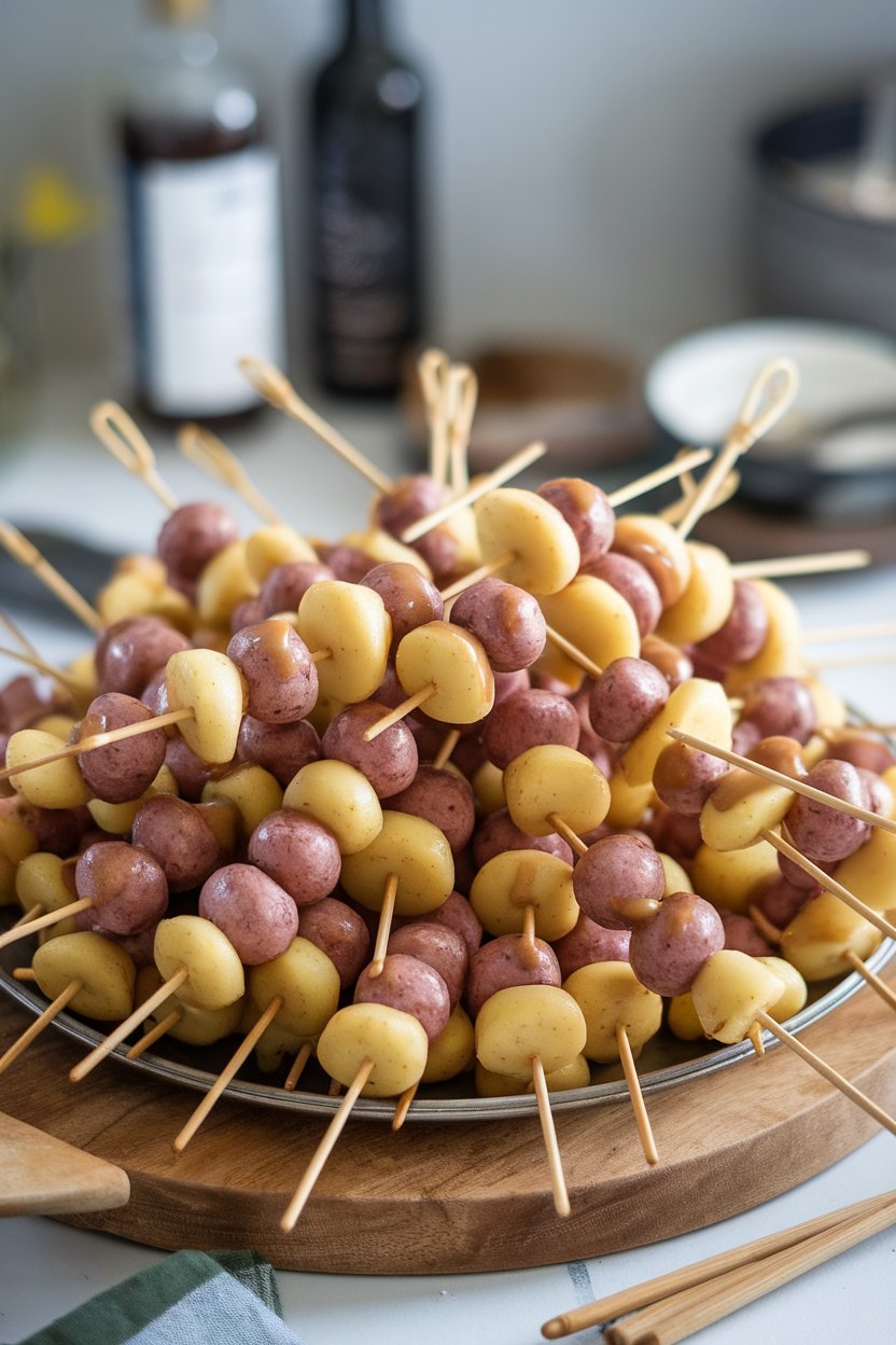 Indoor photo of small sausage pieces and potato rounds threaded on skewers, brushed with gravy, arranged on a platter, no text or logos