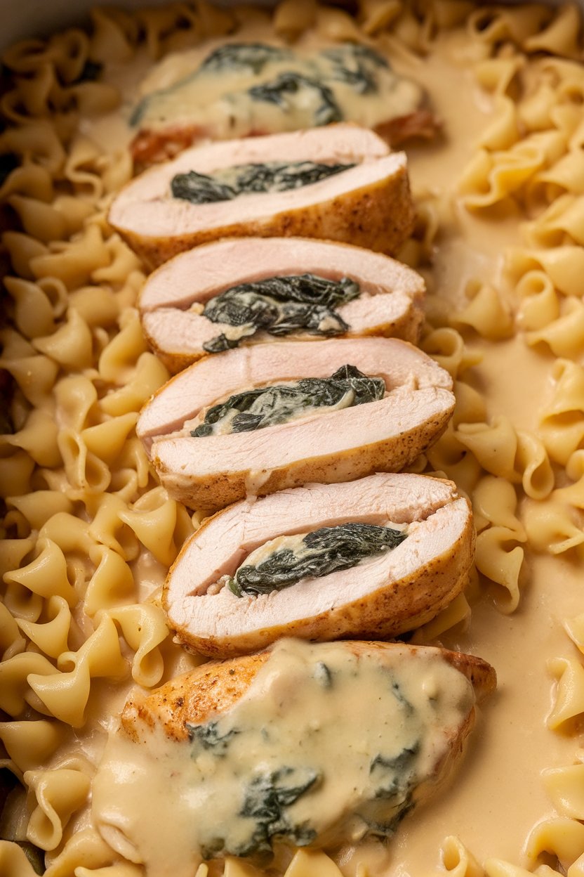 An indoor oven dish showing chicken breasts sliced open and filled with spinach-ricotta mixture, cheese lightly browned on top. No text or logos visible.