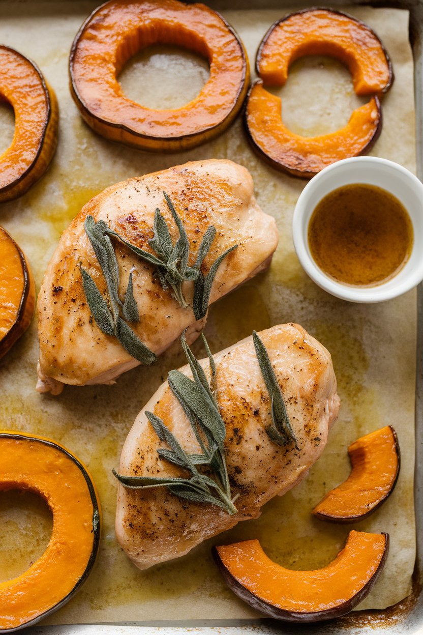 Indoor photo of chicken breasts drizzled with sage-infused brown butter, half-moon delicata squash rings caramelized on a sheet pan. No text or logos.