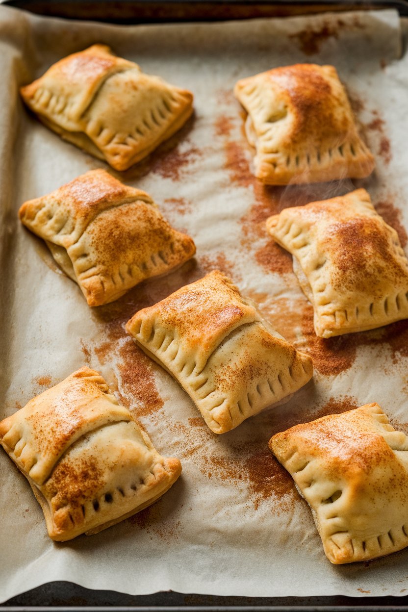 Photo of golden-brown apple hand pies on a parchment-lined baking sheet indoors, steam just visible, with a dusting of cinnamon sugar; no text or logos.