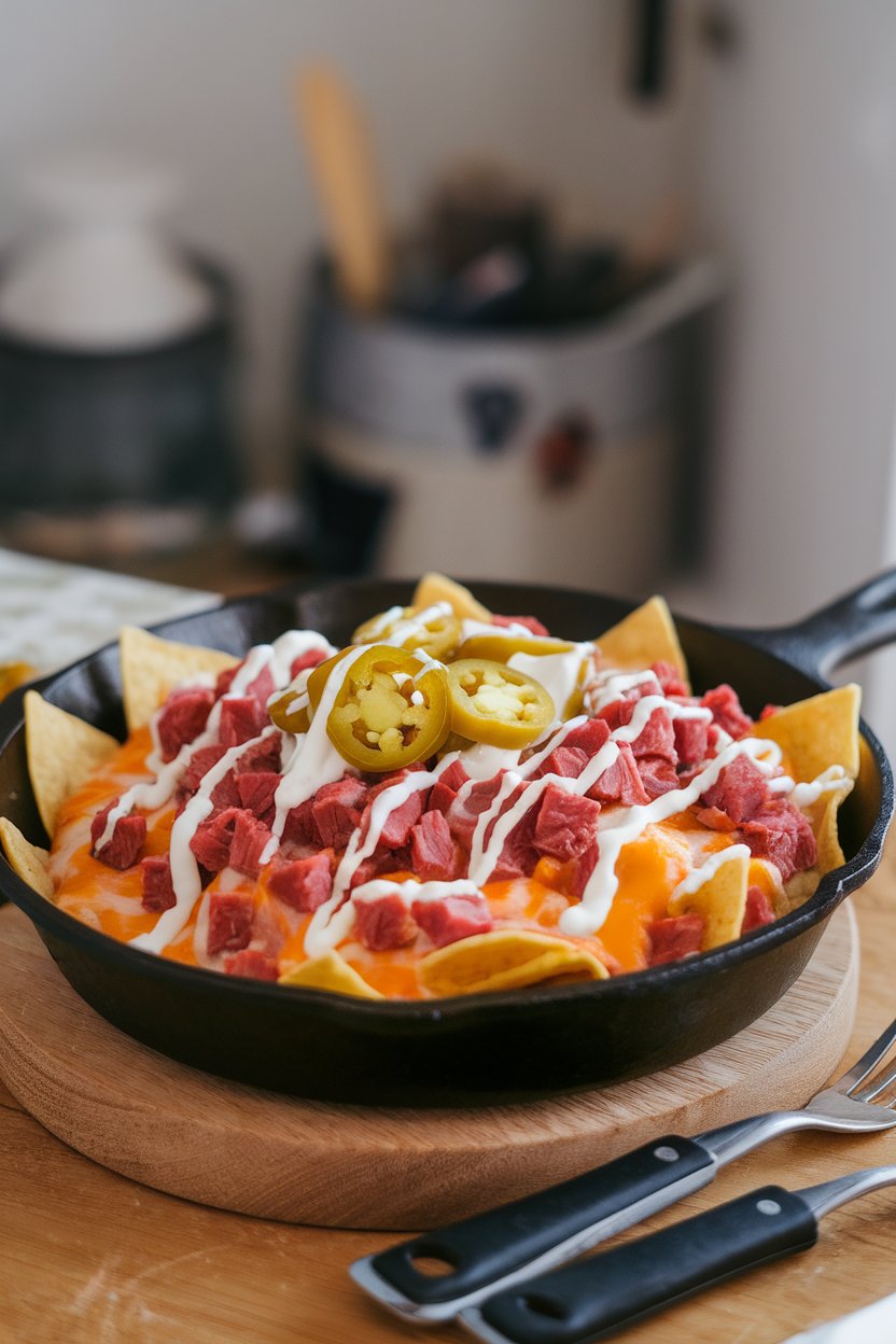 Indoor photo of a cast-iron skillet filled with tortilla chips topped with melted cheese, diced corned beef, pickled jalapeños, and a drizzle of sour cream, no text or logos