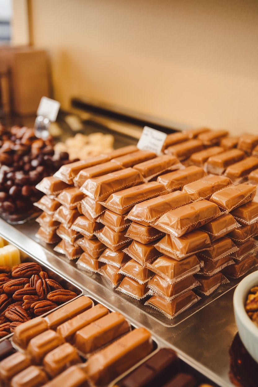 Indoor candy shop counter with individually wrapped pecan pralines stacked neatly; warm lighting highlights the caramel color. No text or logos. Photo.