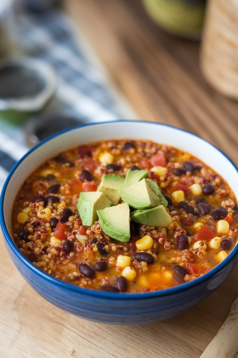 Indoor photo of a colorful soup with red quinoa, black beans, corn, and diced tomatoes, garnished with avocado cubes; no logos or text.