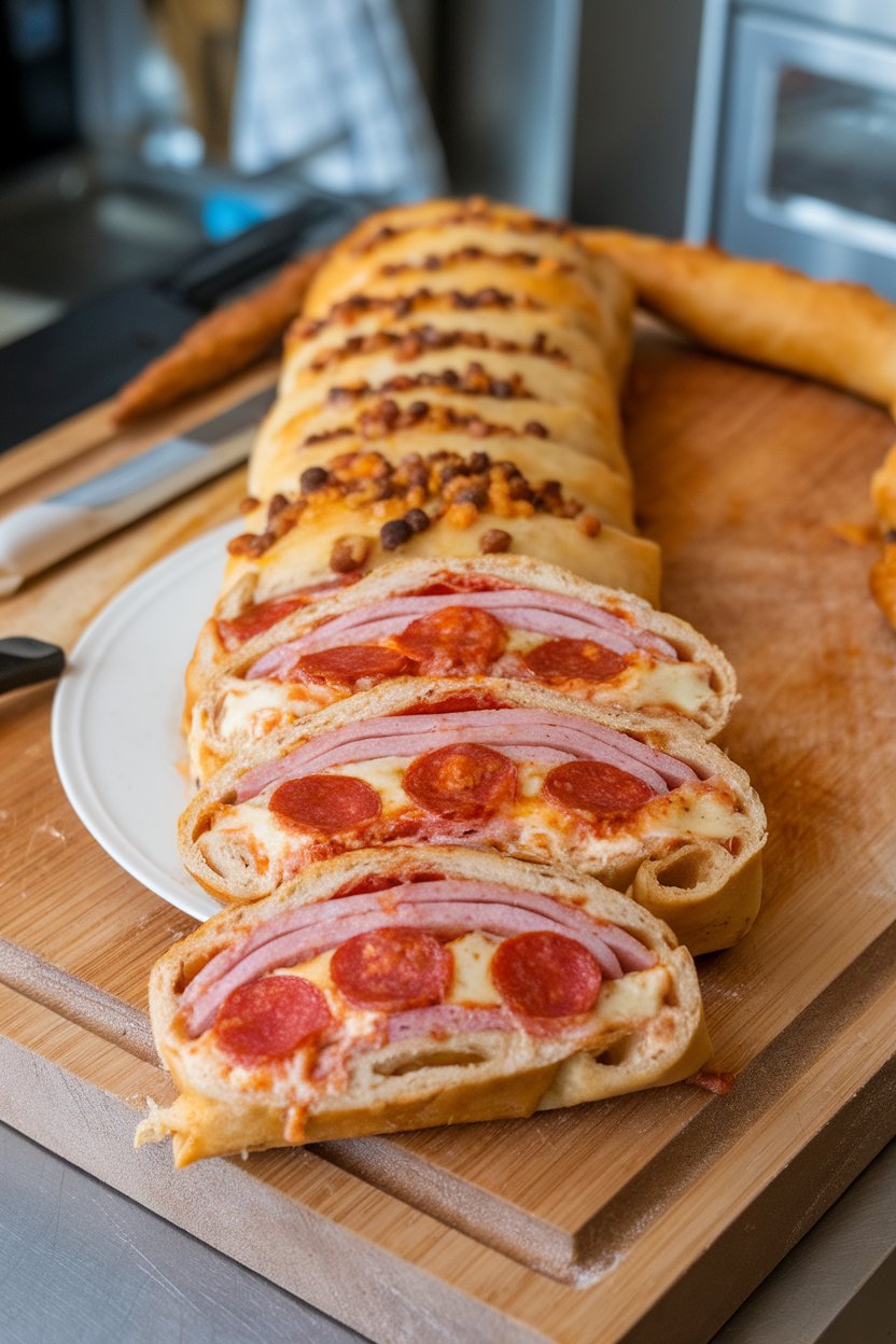 Indoor photo of sliced stromboli packed with pepperoni, sausage, ham, and melted cheese on a cutting board. No text or logos.