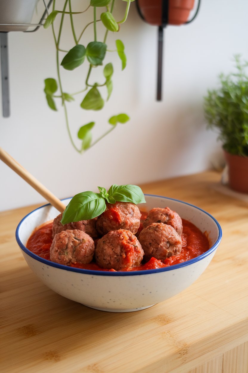 An indoor countertop scene with a bowl of cooked turkey meatballs coated in rich tomato sauce. No text or logos.