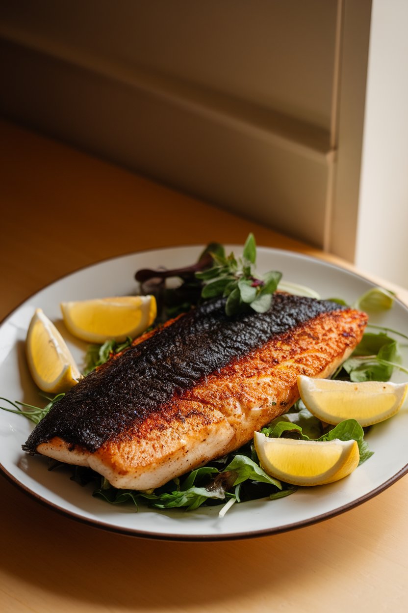 A warmly lit indoor plate showcasing a seared blackened catfish fillet, charred spice crust visible, served with lemon wedges. Photo, no text or logos.