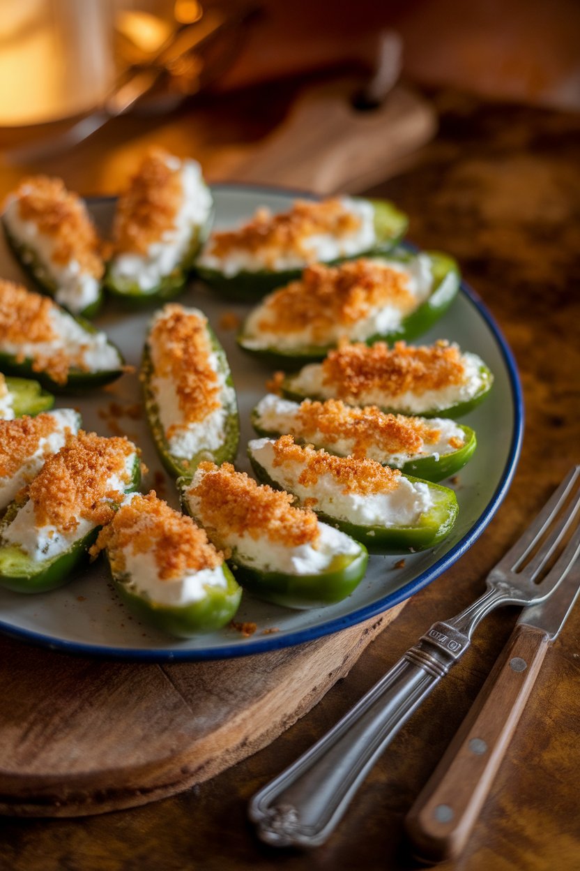 An indoor appetizer plate holding halved jalapeños stuffed with creamy cheese filling and topped with a crispy breadcrumb crust. Warm lighting, no logos.