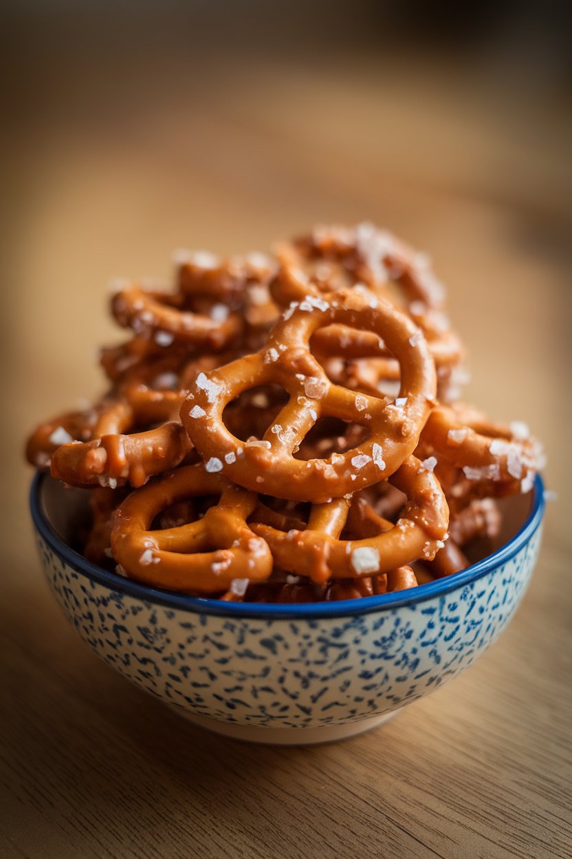 Indoor close-up photo of pretzel nuggets coated in chewy caramel and sprinkled with coarse salt, piled in a bowl. No text or logos.