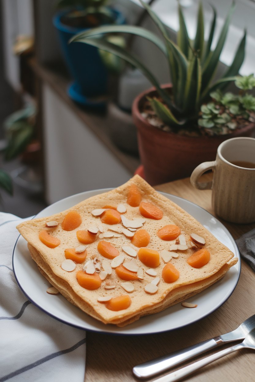 Pancake square dotted with chopped apricots and sliced almonds, indoor summer brunch scene, no text or logos.
