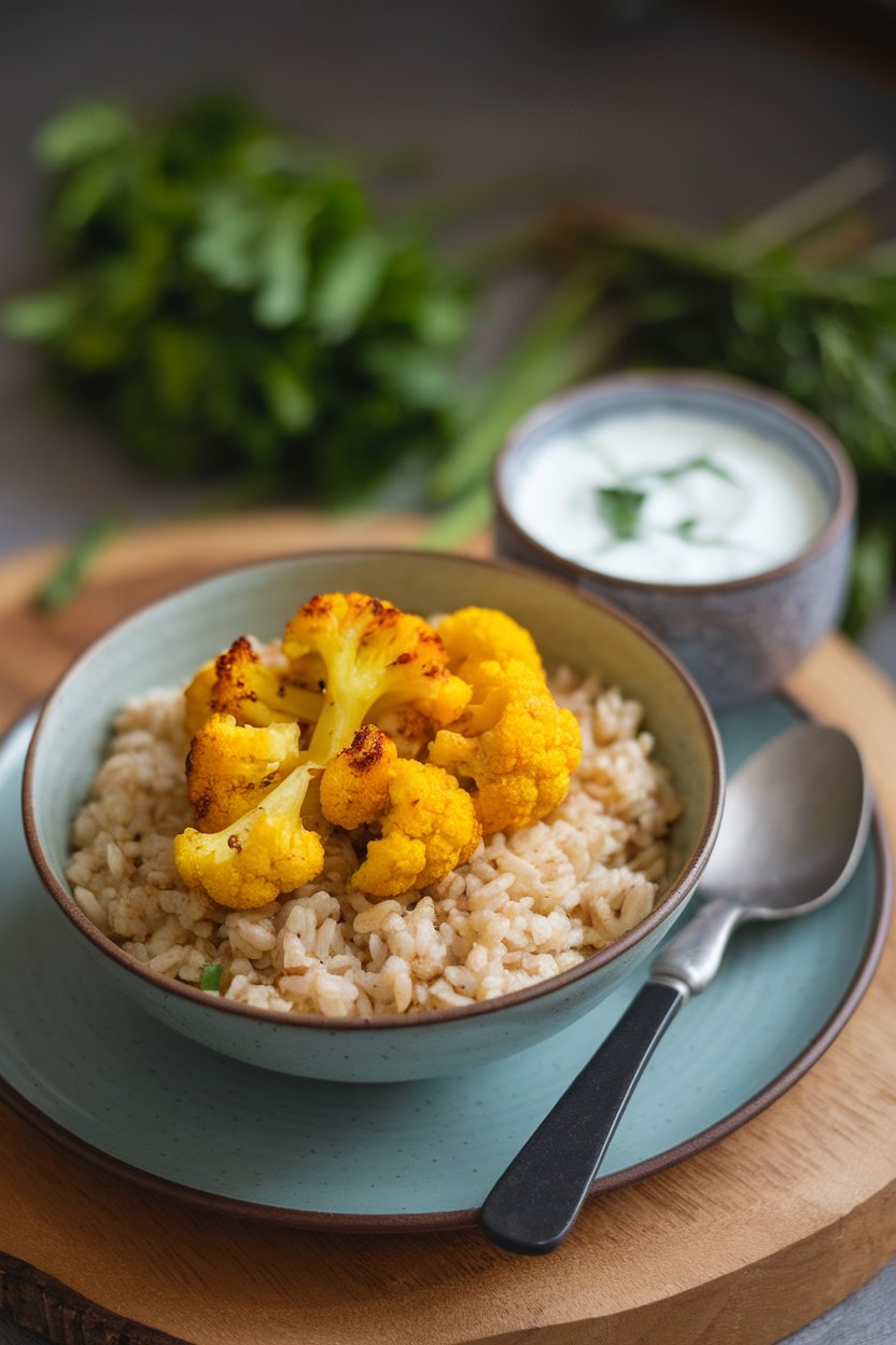 Indoor photo of roasted turmeric cauliflower florets atop brown rice with a small cup of yogurt raita beside it. No text or logos.