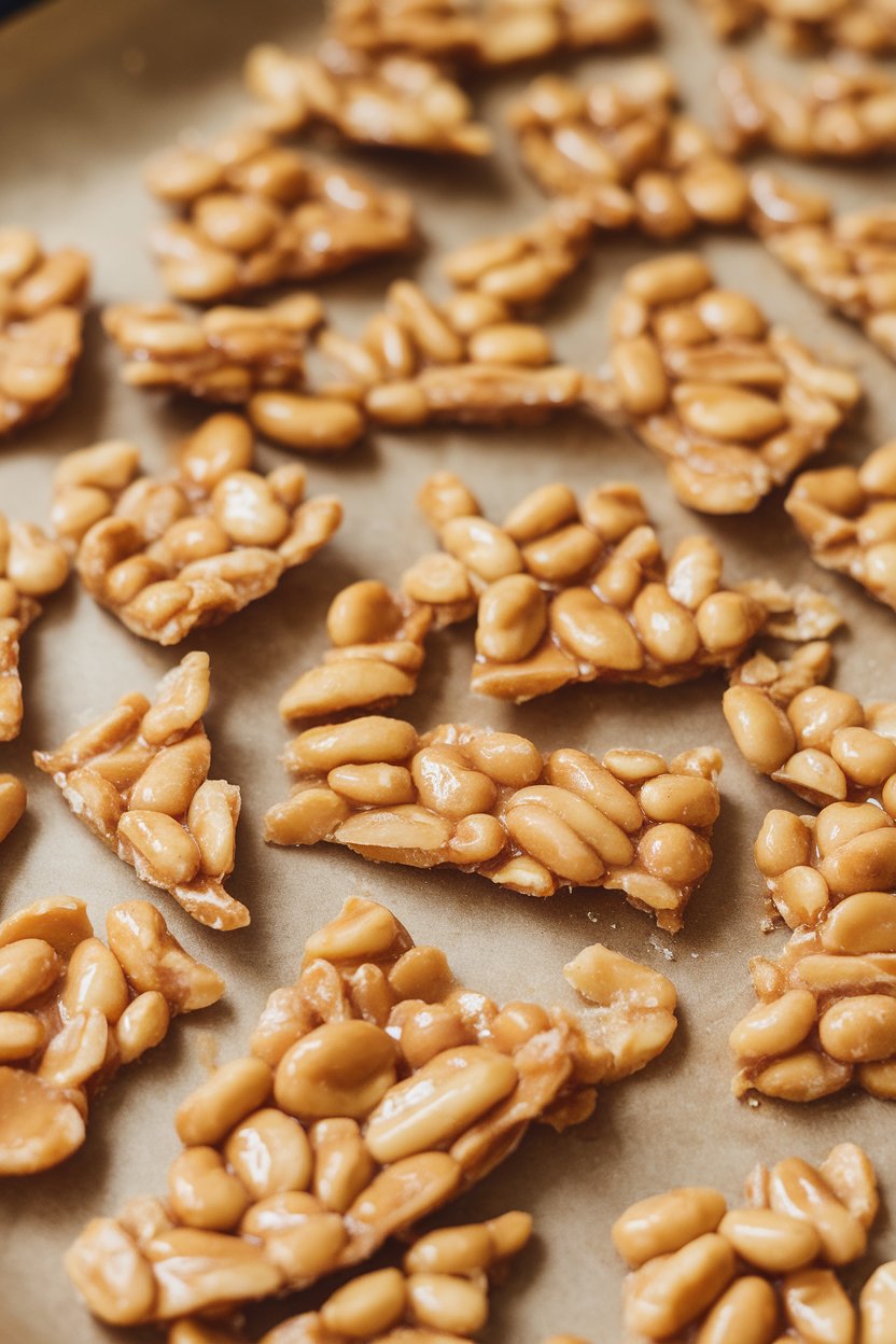Close-up indoor photo of shards of golden peanut brittle scattered on a baking sheet, light catching the glossy finish. No text or logos.