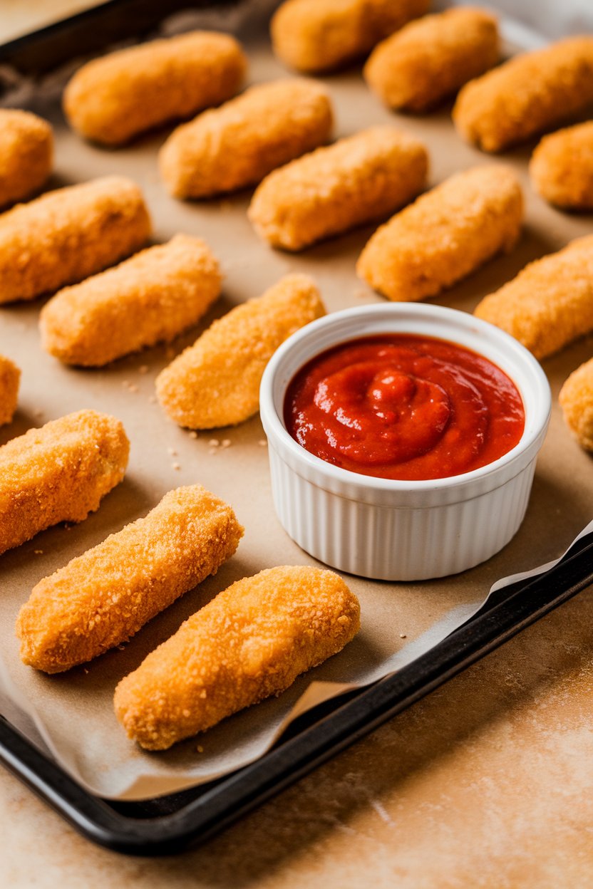 Photo prompt: Indoor baking sheet lined with golden breaded vegan mozzarella sticks, marinara sauce in a ramekin. No text or logos. Photo, not illustration.