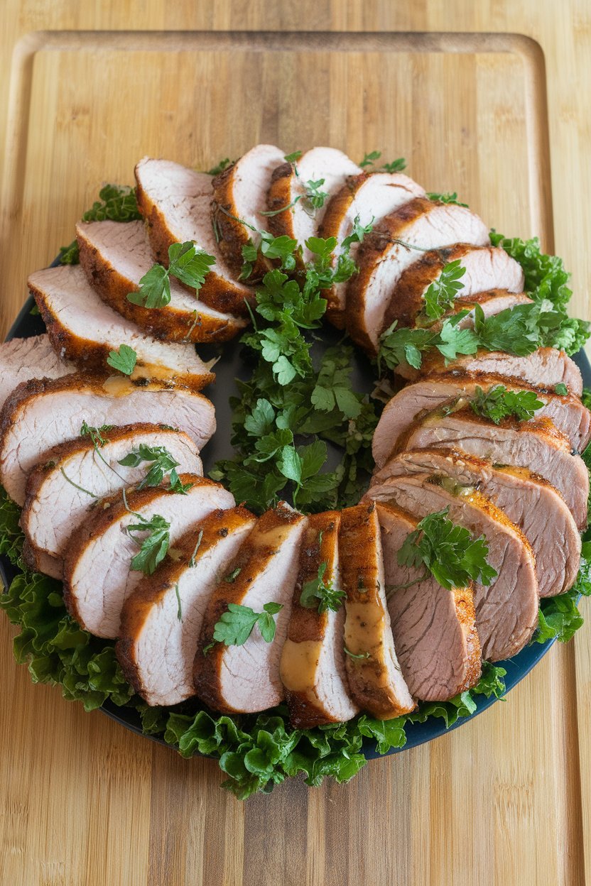 An indoor platter of sliced Cuban mojo pork with citrus glaze and fresh herbs, no text or logos.