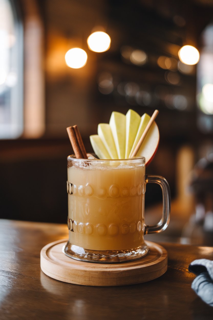 Photo of a heatproof glass mug indoors with warm spiced cider, cinnamon stick and apple fan garnish, cozy tavern lighting, no text or logos